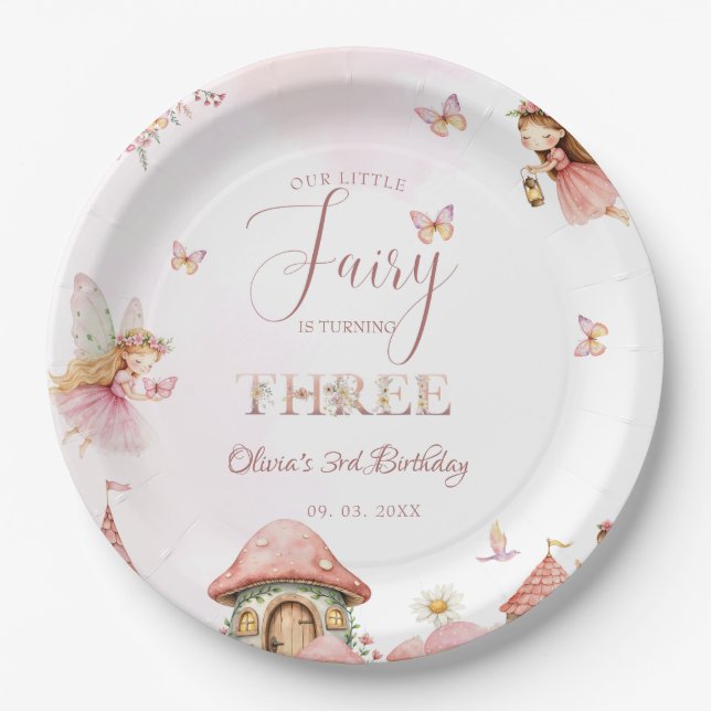 Watercolor Mushroom Fairy 3rd Birthday Forest  Paper Plates (Front)