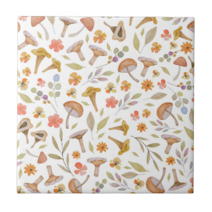 Watercolor Mushrooms and Flowers Ceramic Tile