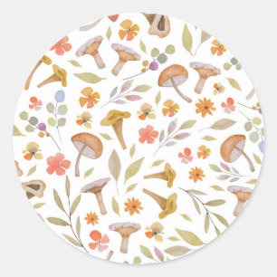 Watercolor Mushrooms and Flowers Classic Round Sticker