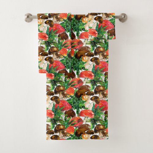 Watercolor  mushrooms and green fern pattern bath towel set