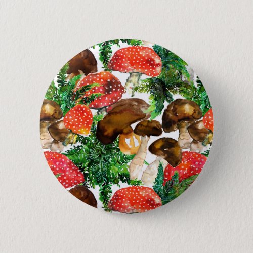Watercolor  mushrooms and green fern pattern button