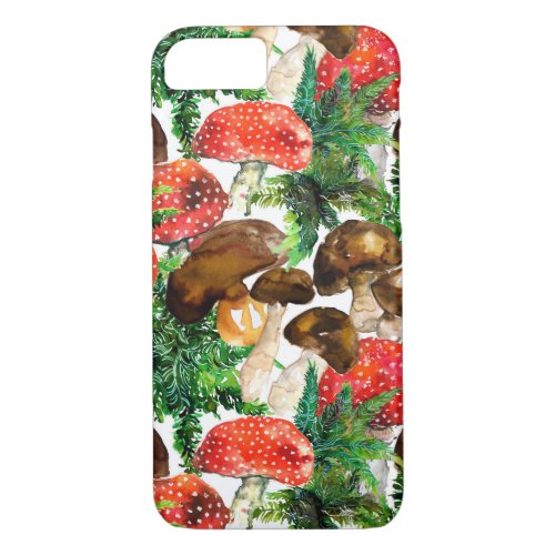 Watercolor  mushrooms and green fern pattern iPhone 87 case