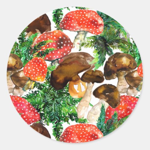 Watercolor  mushrooms and green fern pattern classic round sticker