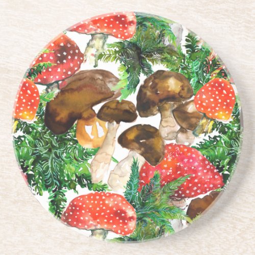 Watercolor  mushrooms and green fern pattern coaster