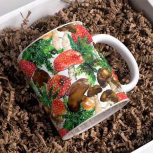 Watercolor mushrooms and green fern pattern coffee mug