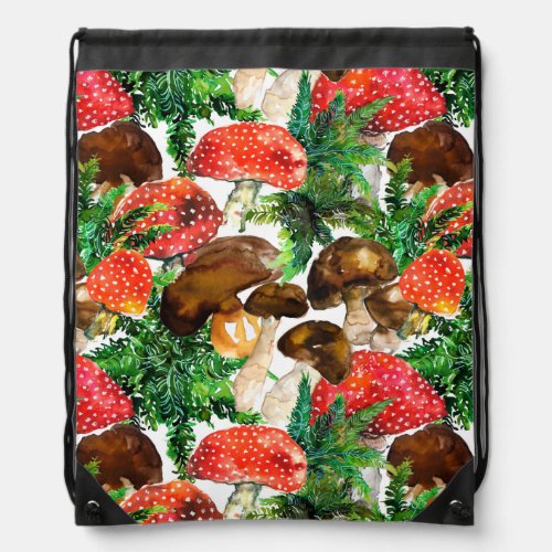 Watercolor  mushrooms and green fern pattern drawstring bag