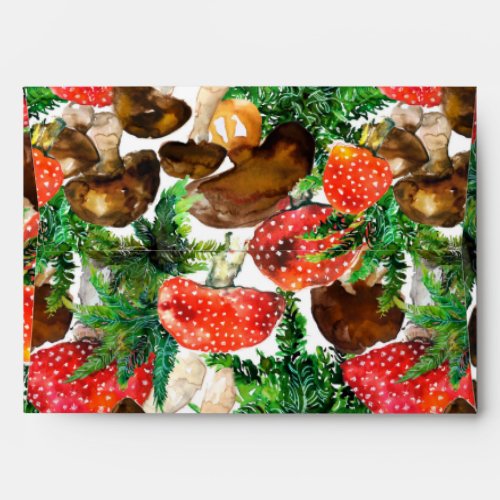 Watercolor  mushrooms and green fern pattern envelope