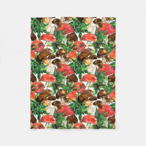 Watercolor  mushrooms and green fern pattern fleece blanket