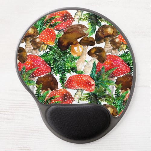 Watercolor  mushrooms and green fern pattern gel mouse pad