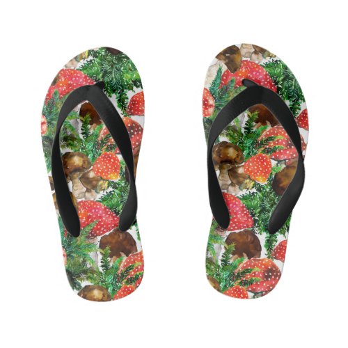 Watercolor  mushrooms and green fern pattern kids flip flops