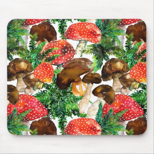 Watercolor  mushrooms and green fern pattern mouse pad