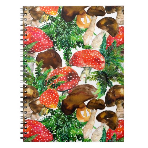 Watercolor  mushrooms and green fern pattern notebook