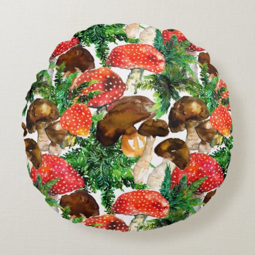 Watercolor  mushrooms and green fern pattern round pillow