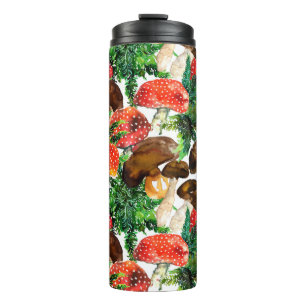 Watercolor mushrooms and green fern pattern thermal tumbler