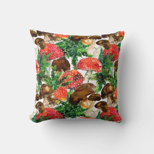 Watercolor  mushrooms and green fern pattern throw pillow