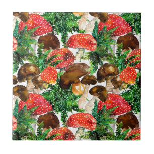 Watercolor mushrooms and green fern pattern tile
