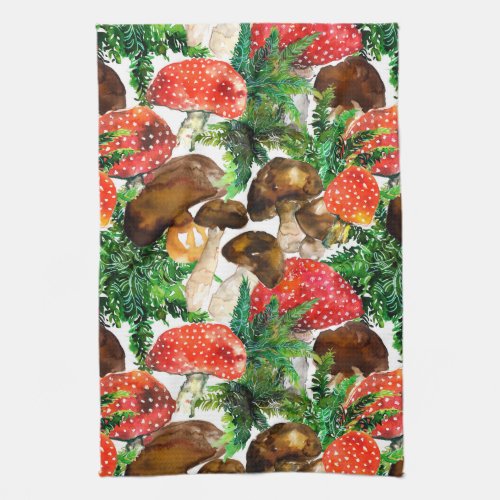 Watercolor  mushrooms and green fern pattern towel