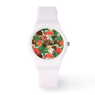 Watercolor mushrooms and green fern pattern watch