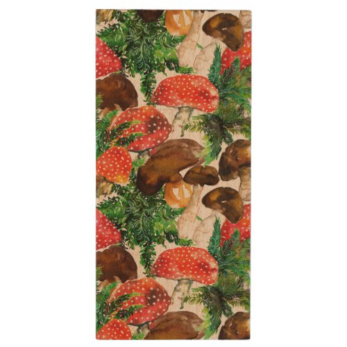 Watercolor  mushrooms and green fern pattern wood flash drive