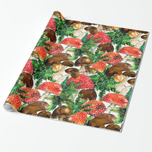 Watercolor mushrooms and green fern pattern wrapping paper