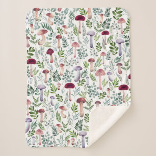 Watercolor Mushrooms and greenery leaves pattern  Sherpa Blanket