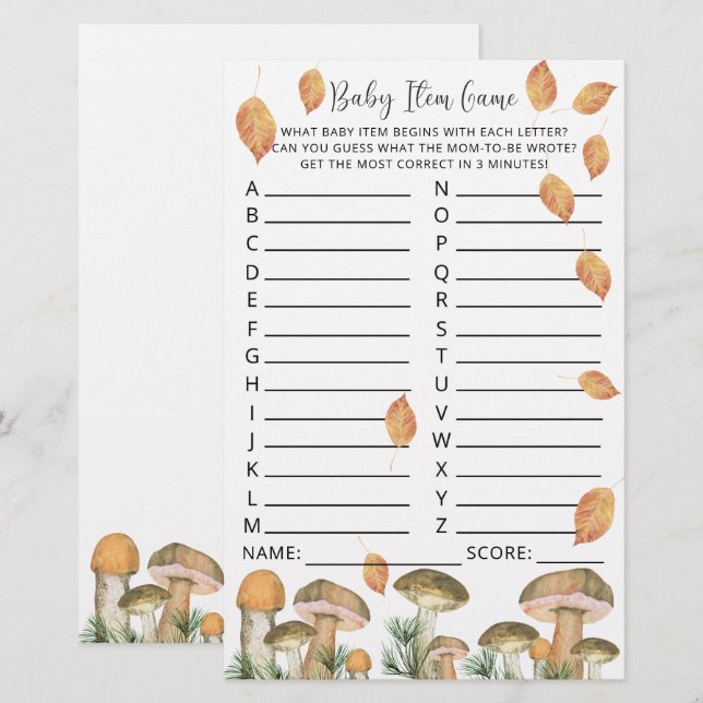 Watercolor mushrooms - Baby shower Item Game (Front/Back)