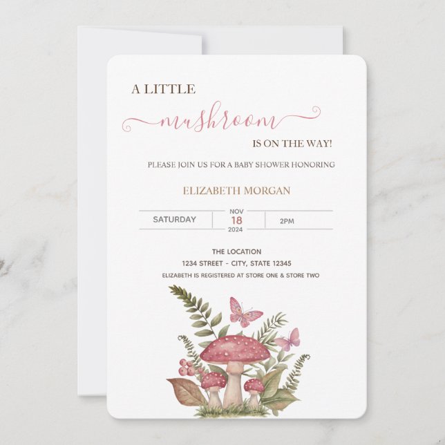 Watercolor Mushrooms Butterflies Baby Shower    Invitation (Front)