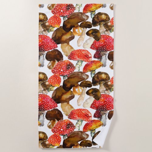 Watercolor mushrooms Cute fall pattern Beach Towel