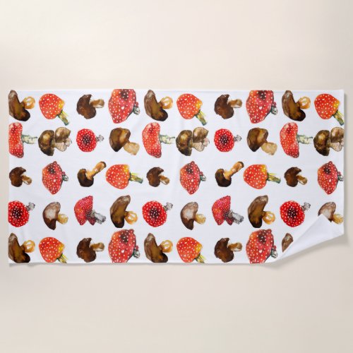 Watercolor mushrooms Cute fall pattern Beach Towel