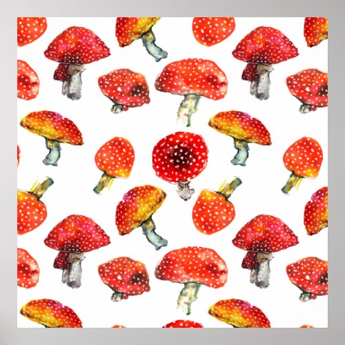 Watercolor mushrooms Cute fall pattern Poster