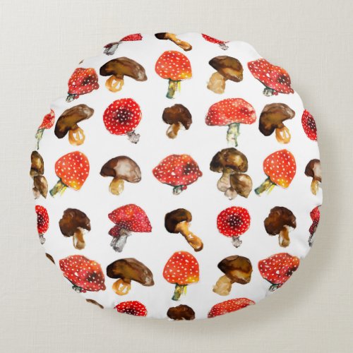 Watercolor mushrooms Cute fall pattern Round Pillow