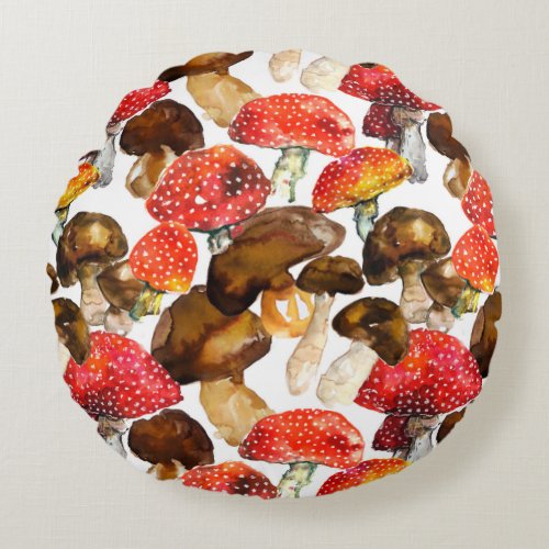 Watercolor mushrooms Cute fall pattern Round Pillow