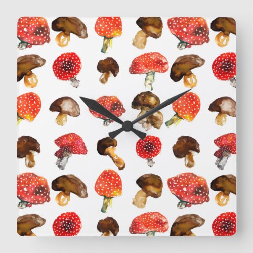 Watercolor mushrooms Cute fall pattern Square Wall Clock