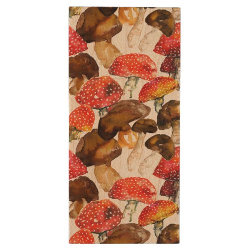 Watercolor mushrooms Cute fall pattern Wood USB Flash Drive