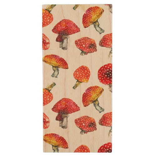 Watercolor mushrooms Cute fall pattern Wood USB Flash Drive