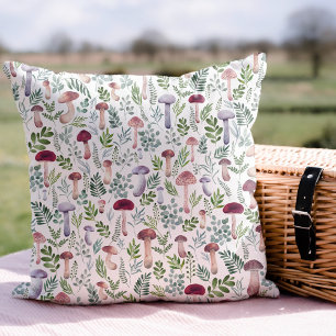 Watercolor mushrooms pattern & botanical leaves l throw pillow