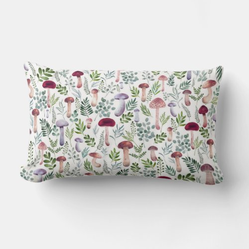 Watercolor mushrooms pattern  botanical leaves  lumbar pillow