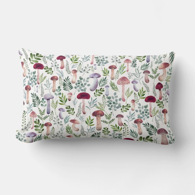 Watercolor mushrooms pattern & botanical leaves  lumbar pillow (Front)
