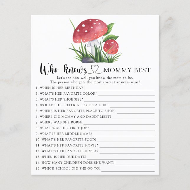 Watercolor Mushrooms Who knows mommy best activity (Front)