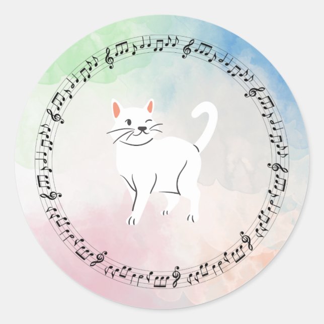 Watercolor Music Cat Classic Round Sticker (Front)