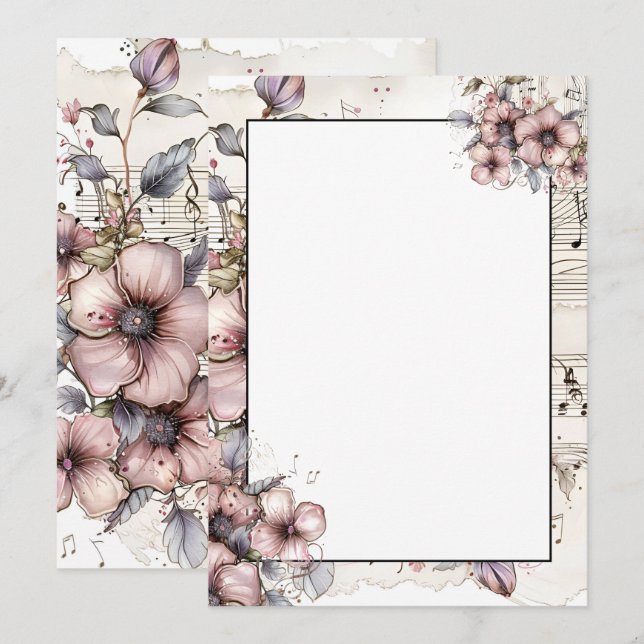 Watercolor music notes and flowers invitation (Front/Back)