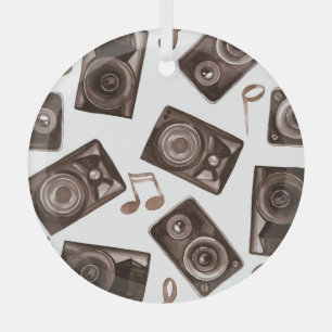 Watercolor Music Speakers Sepia Pattern Glass Ornament