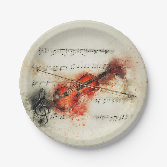 watercolor music violin paint art music paper plates (Front)