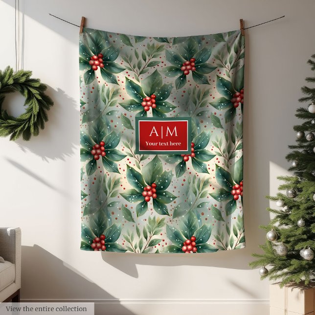 Watercolor muted colors holly berries Christmas Fleece Blanket (Watercolor muted colors holly berries Christmas Fleece Blanket)