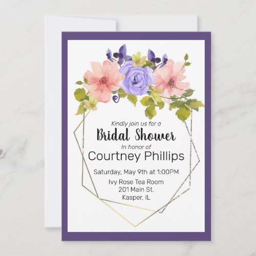 Watercolor Muted Flower Geometric Gold Frame Invitation