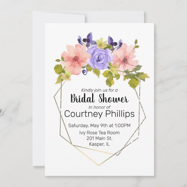 Watercolor Muted Flower Geometric Gold Frame Invitation (Front)