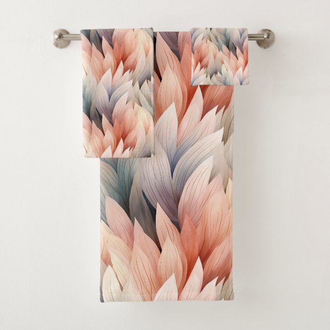 Watercolor Muted Pastel Leaf Pattern Spring Bath Towel Set (Insitu)
