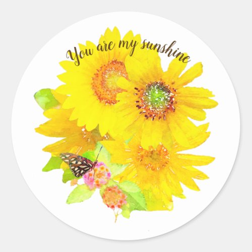 Watercolor My Sunshine Sunflowers and Butterfly Classic Round Sticker