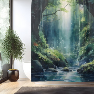 Watercolor Mystic Forest Waterfall Shower Curtain