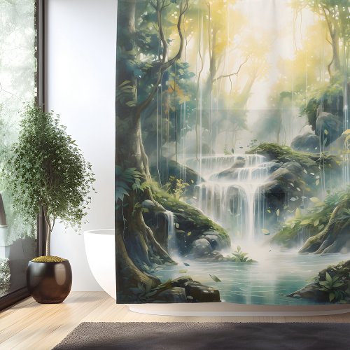Watercolor Mystic Forest Waterfall Shower Curtain